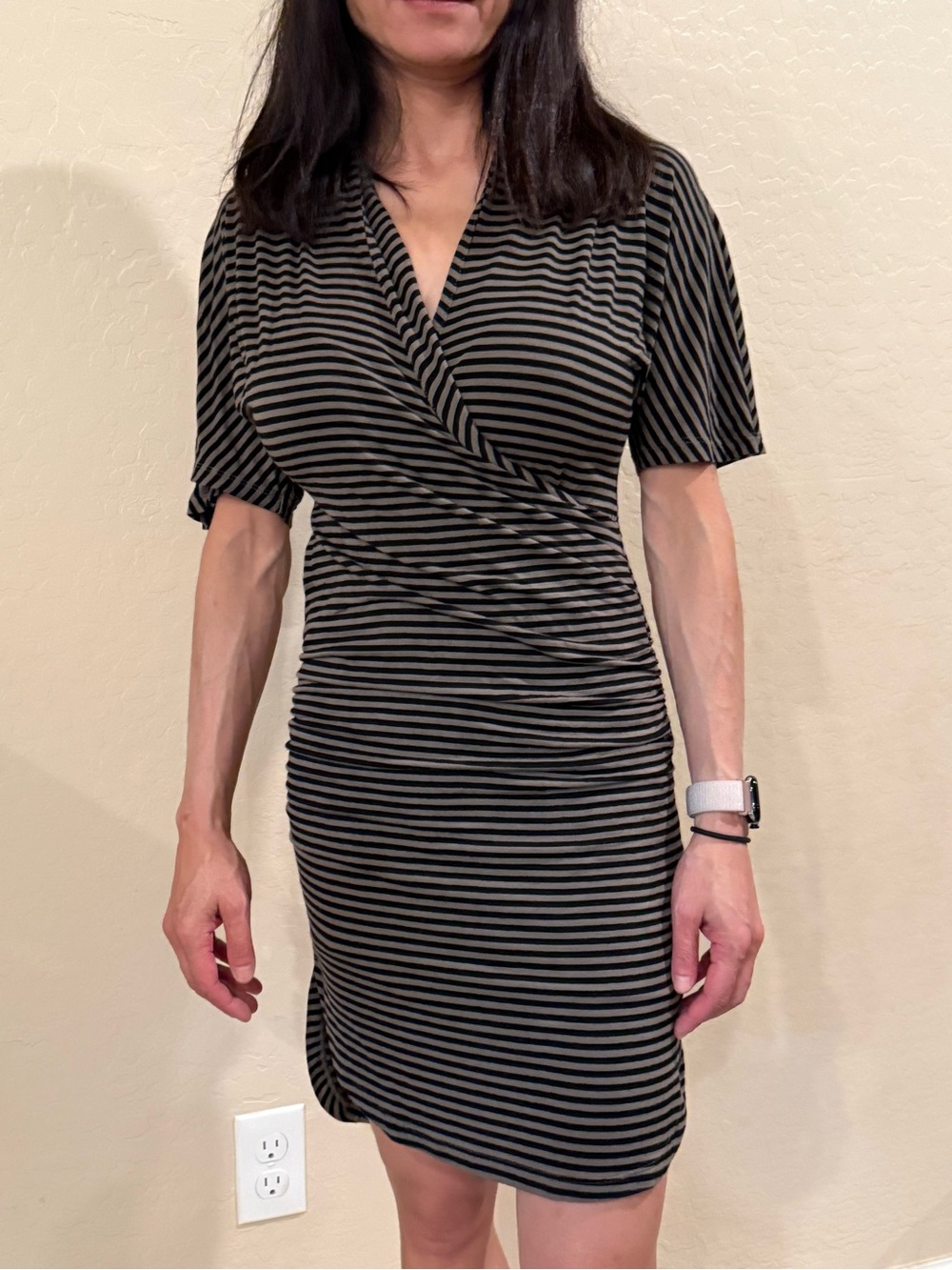 Banana Republic Black and Gray Striped Faux-Wrap Midi Dress